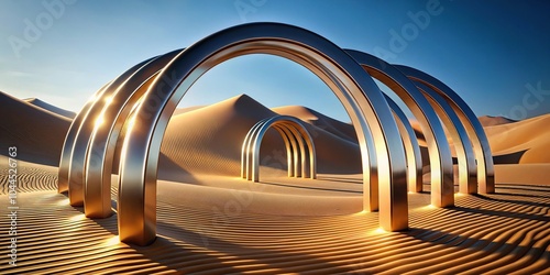 Fototapeta Naklejka Na Ścianę i Meble -  Shiny metallic arches geometric pattern over abstract sand dune cliff