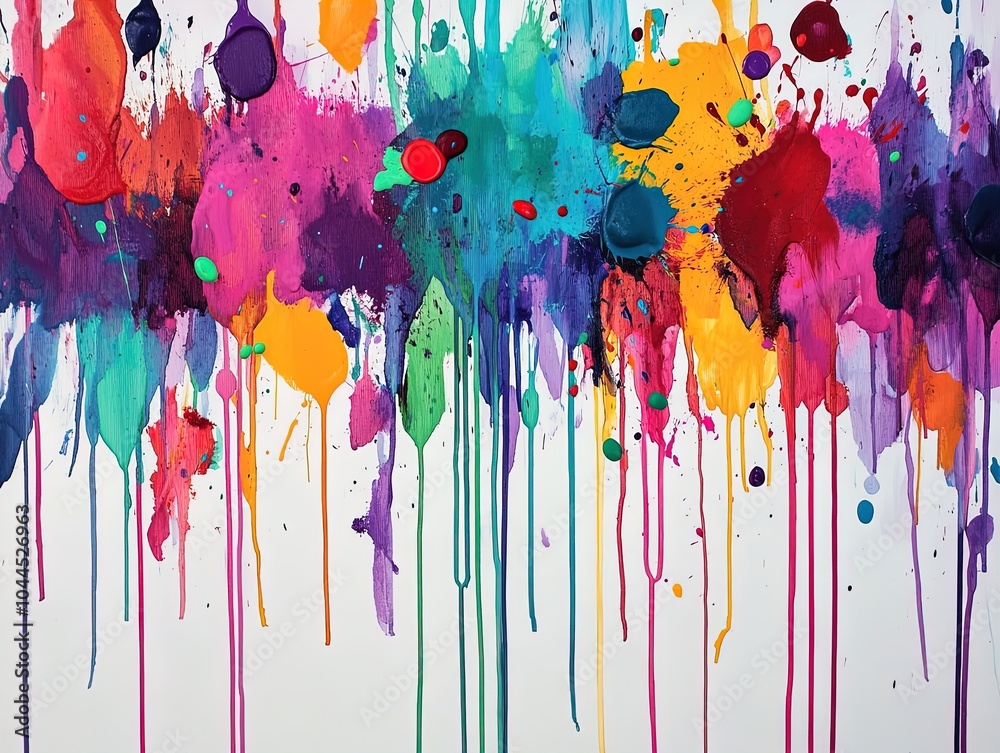 Fototapeta premium Vibrant Abstract Canvas with Energetic Paint Splatters in Red, Turquoise, and Violet - Perfect for Sporty Interior Decor and Creative Spaces!