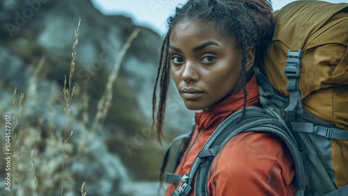 Black female backpacker or mountaineer, copy space, looking at the subject with a serious or sad expression photo