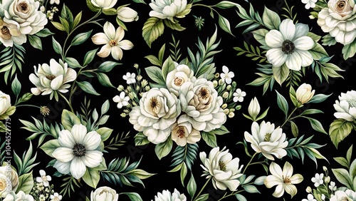 Fototapeta Naklejka Na Ścianę i Meble -  seamless watercolor decorative white and black flowers pattern background