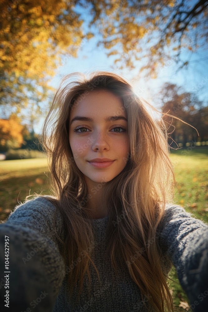 Woman taking selfie in park Woman taking selfie in park