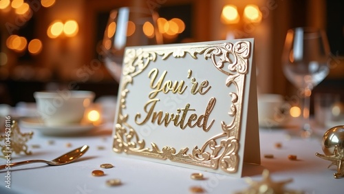 Elegant golden invitation card on a beautifully set table with soft bokeh background at a festive gathering