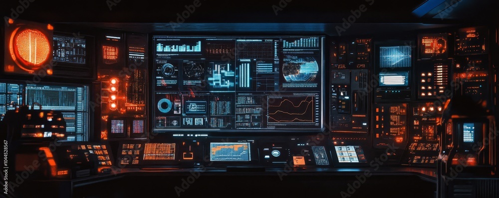 Futuristic Computer Interface with Advanced Data Visualizations on Large Monitor Futuristic Computer Interface with Advanced Data Visualizations on Large Monitor