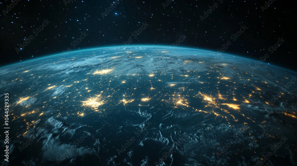 Obraz premium From space, Earth looks like a glowing planet at night. The bright lines show how people connect and communicate, representing business, finance, and the internet.