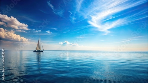 Seascape with sailboat on horizon under sunny blue sky