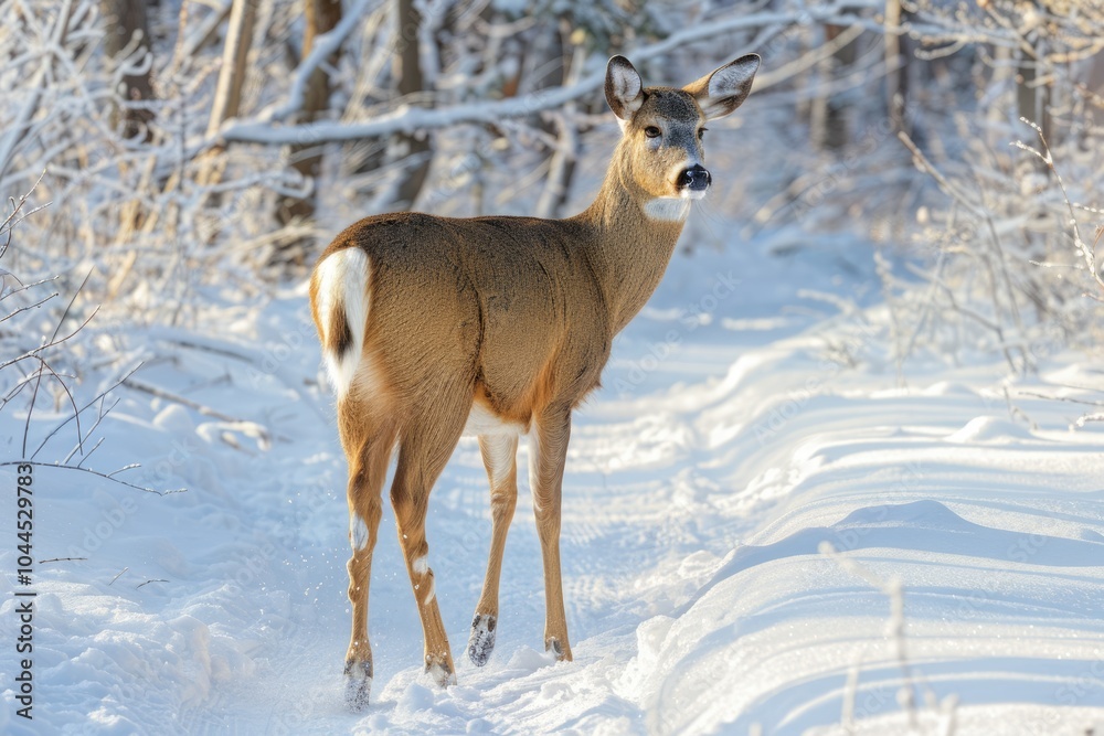Winter portrait of Canadian white tailed deer in snowy forest Winter portrait of Canadian white tailed deer in snowy forest