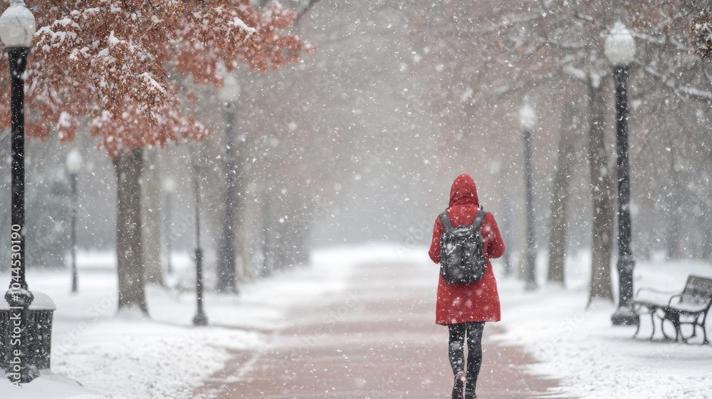 A person in a red coat walks through a snowy park, surrounded by trees and benches on a winter day. A person in a red coat walks through a snowy park, surrounded by trees and benches on a winter day.