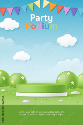 3D Vector kid party product display cylinder stand podium banner. Colorful flag, green grass garden with blue background for baby clothes toy store, online shop, birthday, fashion sale promotion post