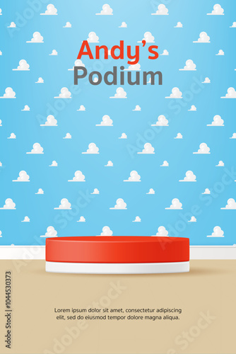 3D Vector kid toy display geometric stand podium banner, White Clouds on Blue Sky Background with wood floor for baby store, online shop, movie poster, story, sales promotion, social media, web, post