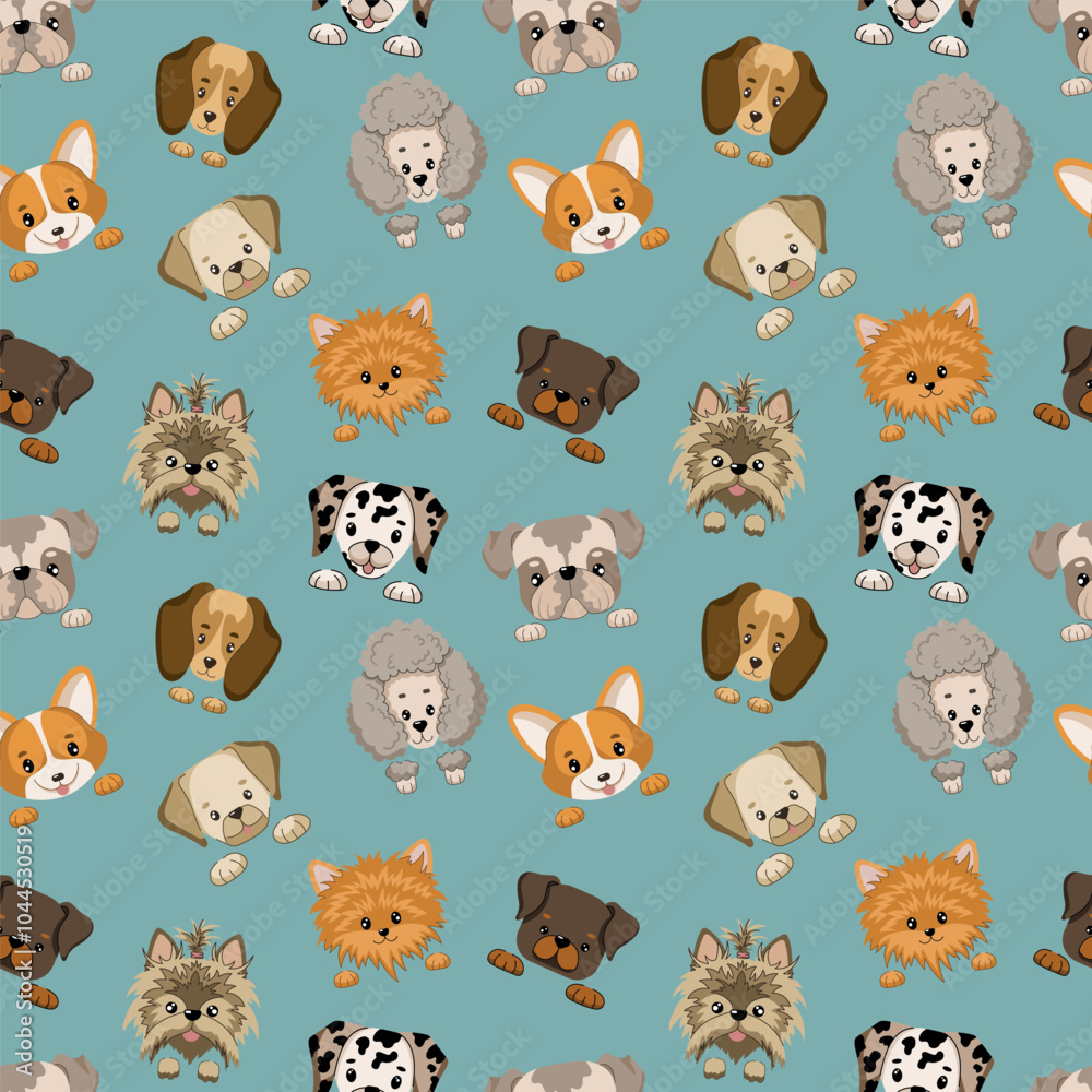 Naklejka premium Different breed dog faces seamless pattern. Dog cute flat background