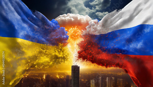 Russian and Ukraine flags with a background illustrating the conflict between the two nations