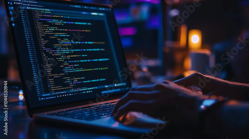 Someone is coding on a laptop. This image shows the work of software developers and is great for representing anything related to technology, like websites or computer programs.