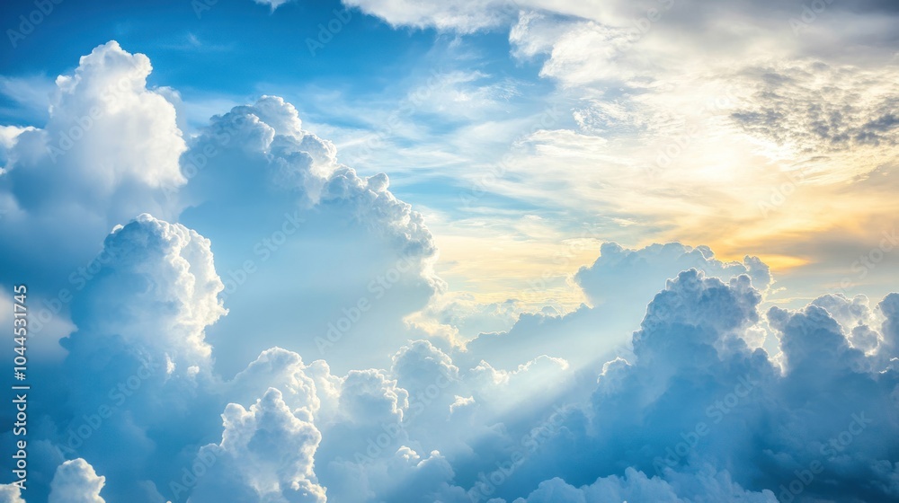 A serene sky filled with fluffy clouds and soft sunlight breaking through. A serene sky filled with fluffy clouds and soft sunlight breaking through.