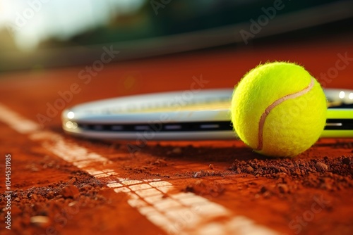 A tennis ball is placed on the clay court next to a sleek racket under the sunlight, illustrating the calm before the match begins on a bright day on the tennis court.