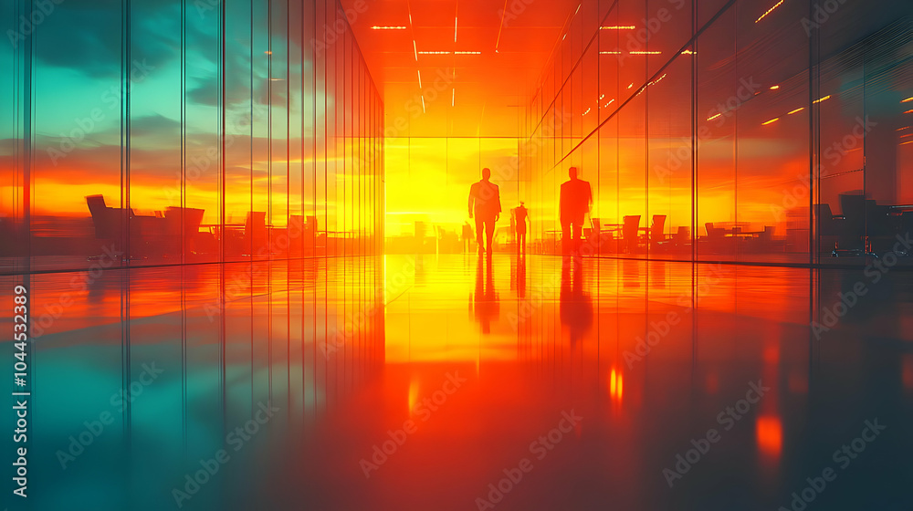 Fototapeta premium Silhouettes of People Walking in Glass Corridor with Orange Sunset Reflection - Digital Illustration