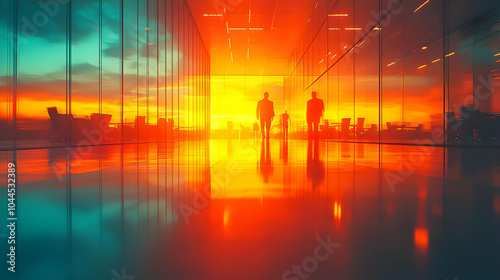 Silhouettes of People Walking in Glass Corridor with Orange Sunset Reflection - Digital Illustration
