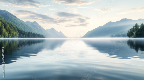Calm lake at sunrise, soft reflections on the water, misty mountains in the distance, and a wide area of clear sky for copy space.