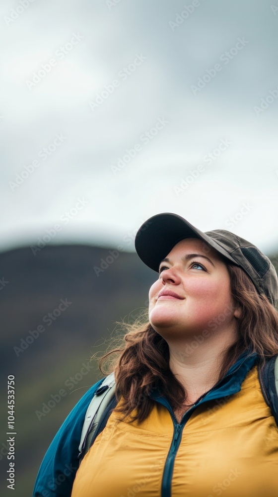 Woman in outdoor gear gazing thoughtfully upward, wearing a hat and backpack in a mountain landscape with overcast sky in the background, digital illustration with soft lighting. Woman in outdoor gear gazing thoughtfully upward, wearing a hat and backpack in a mountain landscape with overcast sky in the background, digital illustration with soft lighting.