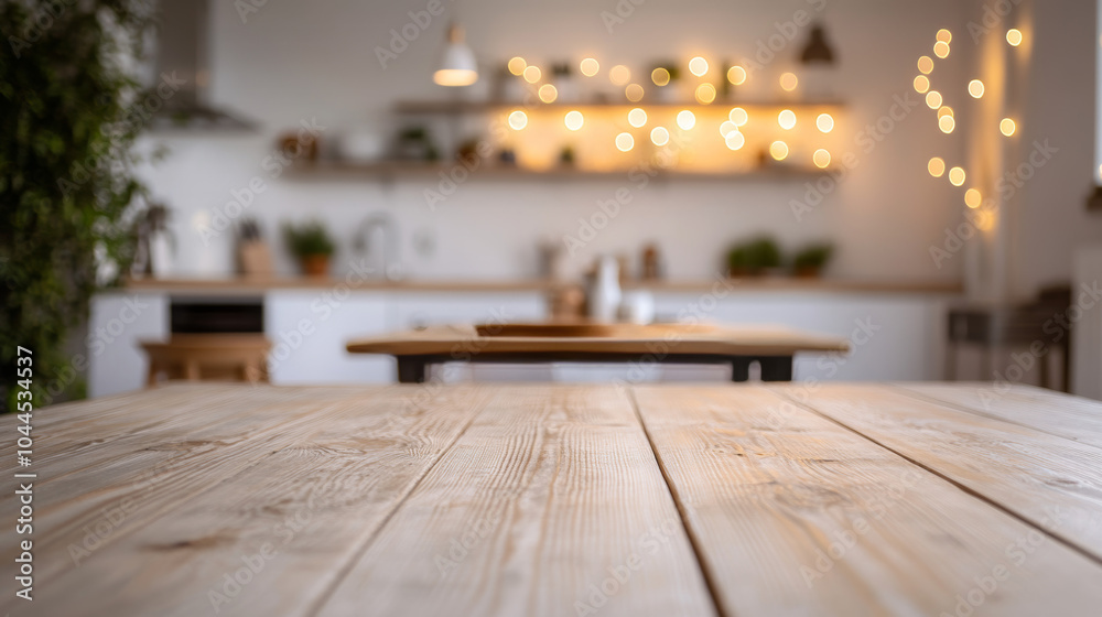 A warm wooden table sits in a bright, modern kitchen. The background is a soft blur of white, with twinkling lights. This image is perfect for showcasing your dining items or creating a cozy scene. A warm wooden table sits in a bright, modern kitchen. The background is a soft blur of white, with twinkling lights. This image is perfect for showcasing your dining items or creating a cozy scene.