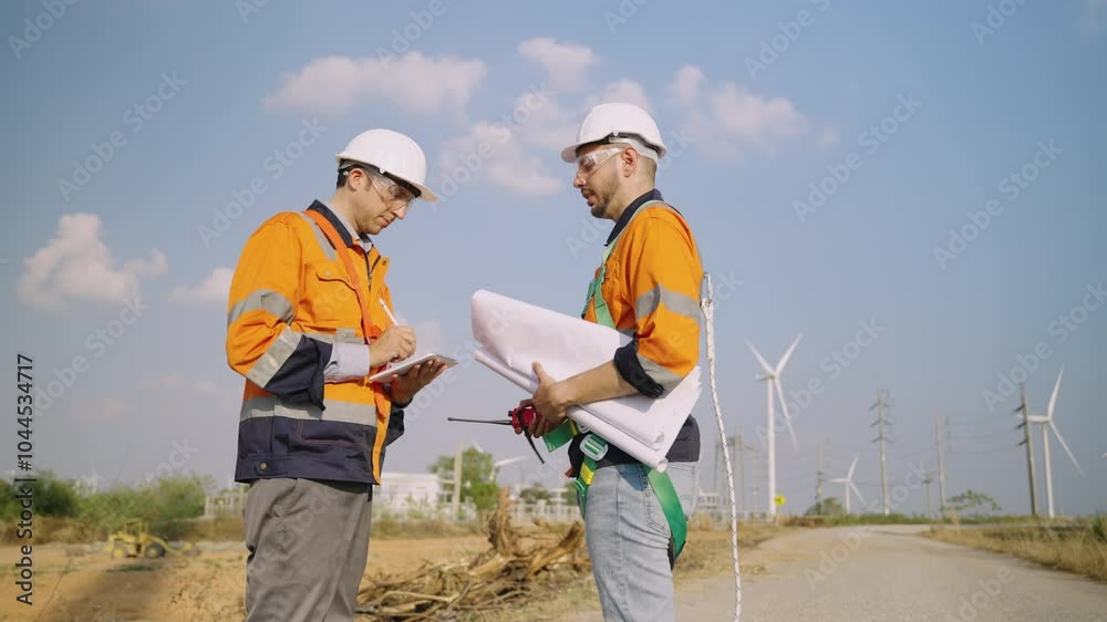 Renewable energy engineers working on wind turbine projects. Technician workers use a tablet to work together outdoors at windmill farms. Engineers research environmentally friendly ecology energy. Renewable energy engineers working on wind turbine projects. Technician workers use a tablet to work together outdoors at windmill farms. Engineers research environmentally friendly ecology energy.