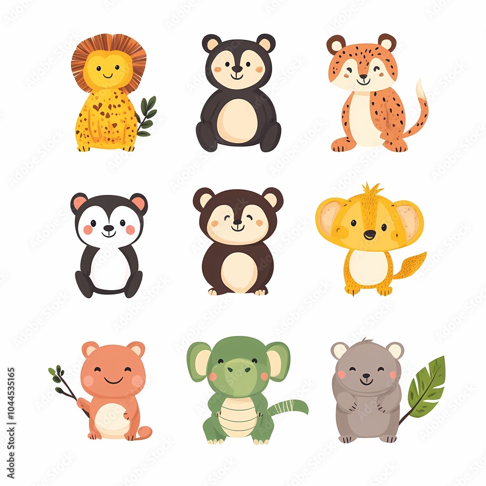 Set of nine cute cartoon animals.