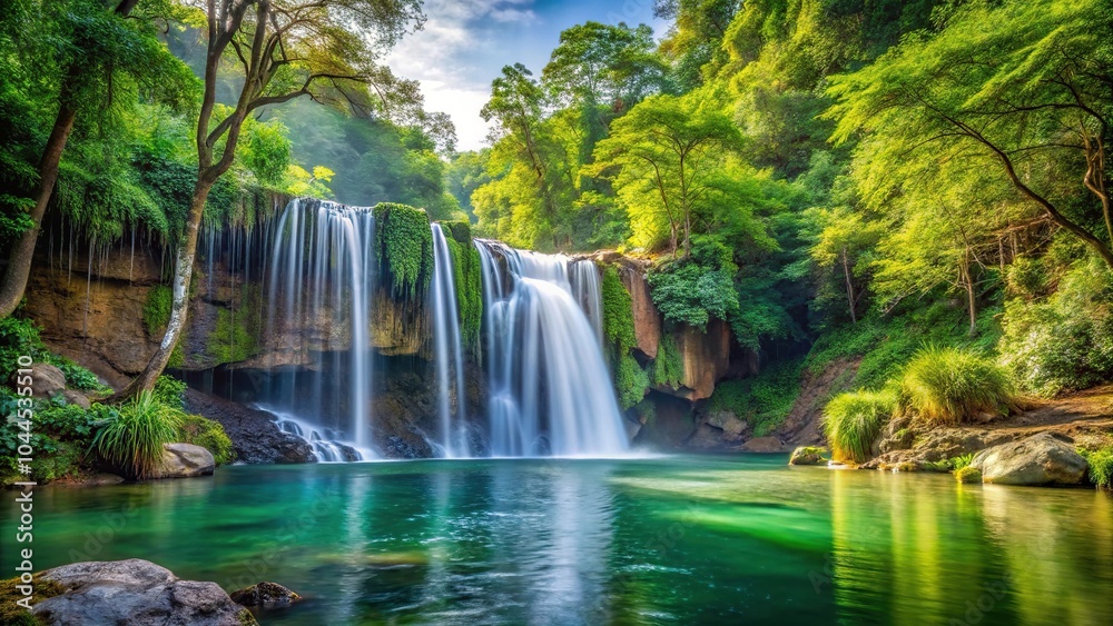 Serene forest waterfall surrounded by lush greenery Serene forest waterfall surrounded by lush greenery