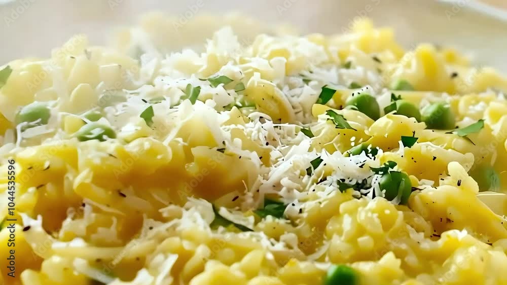 Creamy risotto with peas and cheese garnished with herbs in a bowl. Creamy risotto with peas and cheese garnished with herbs in a bowl.