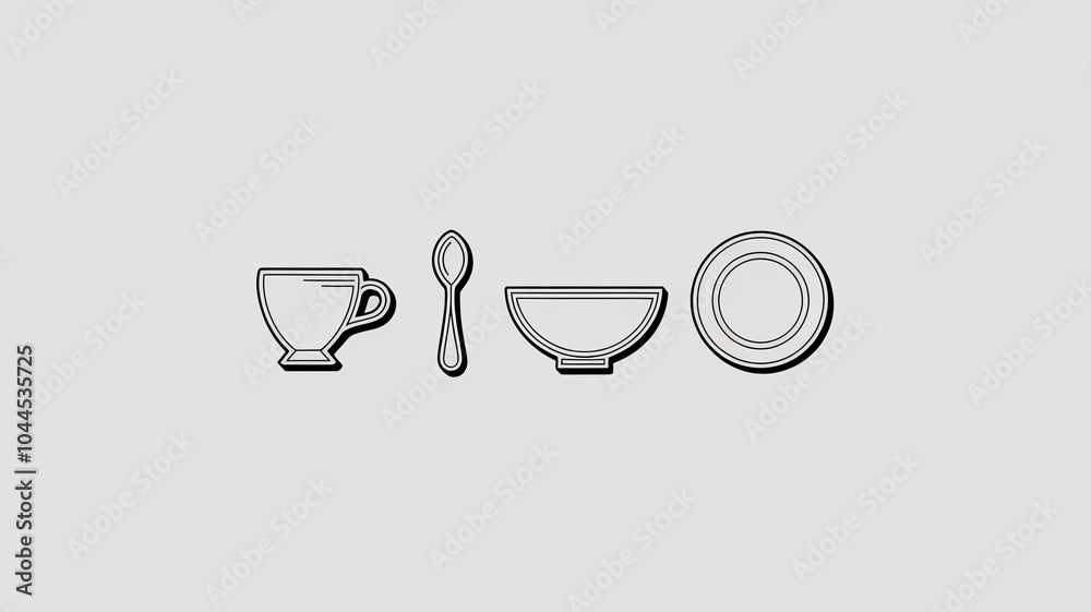 minimal illustration of four kitchen objects on white background, including cup, spoon, bowl, and plate, showcasing simplicity and elegance in design minimal illustration of four kitchen objects on white background, including cup, spoon, bowl, and plate, showcasing simplicity and elegance in design