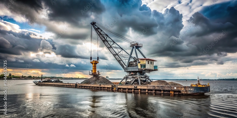 Fototapeta premium Ship crane loading coal on floating platform in Northern Dvina, cloudy sky