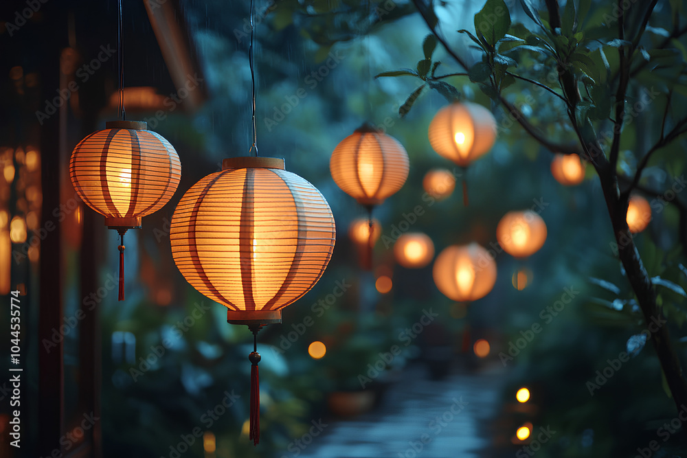 Decorative lanterns glowing in the night, creating a warm and magical atmosphere Decorative lanterns glowing in the night, creating a warm and magical atmosphere