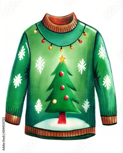 Green Christmas sweater with Christmas tree design.