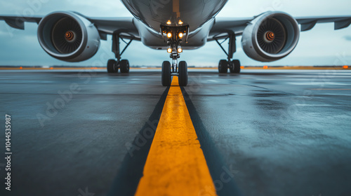 A low-angle view of a commercial aircraft on the runway, showcasing its engines and landing gear against a cloudy sky.