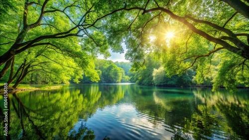 Serene lake with sunlight reflections under lush green canopy