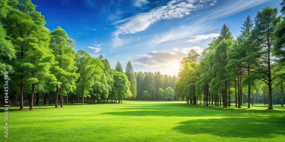 Fototapeta premium Serene landscape of lush green grass and tall trees
