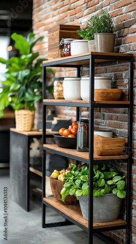 Stylish kitchen storage modern shelving with fresh produce and plants for a cozy home atmosphere