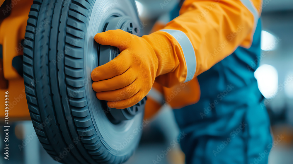 A mechanic in orange gloves inspecting a tire in a workshop. Focus on hands and wheel, showcasing vehicle maintenance and repair tasks. A mechanic in orange gloves inspecting a tire in a workshop. Focus on hands and wheel, showcasing vehicle maintenance and repair tasks.