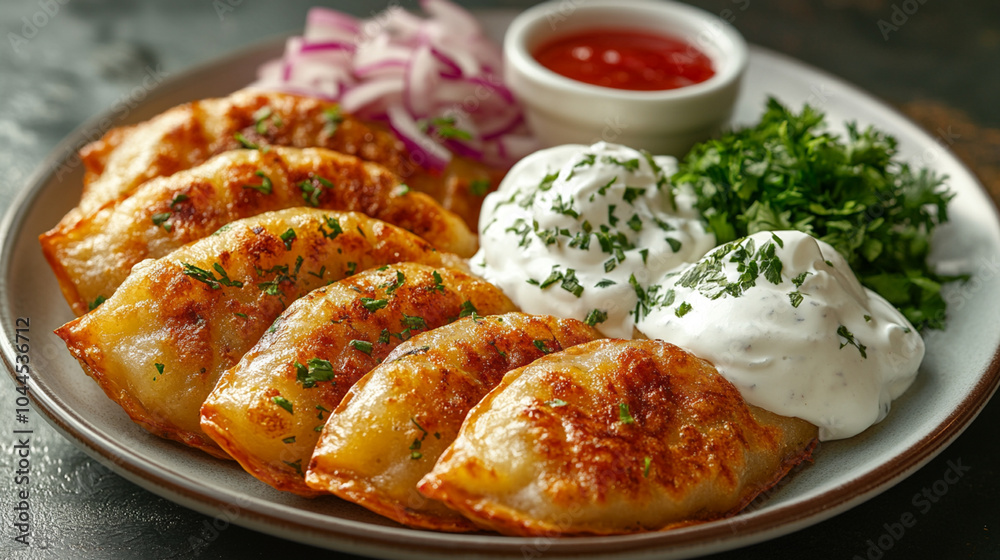 Polish pierogi stuffed with potatoes, cheese, and onions, served with sour cream and crispy bacon