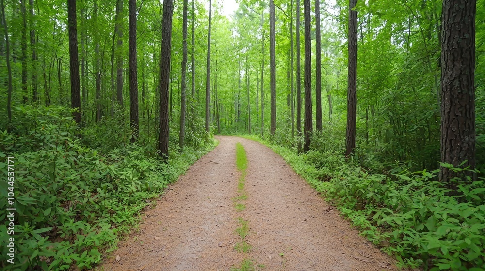 Fototapeta premium A serene forest path splits through lush greenery, inviting exploration and showcasing the beauty of nature.