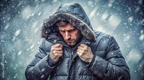 Man bracing against snowstorm in winter coat.