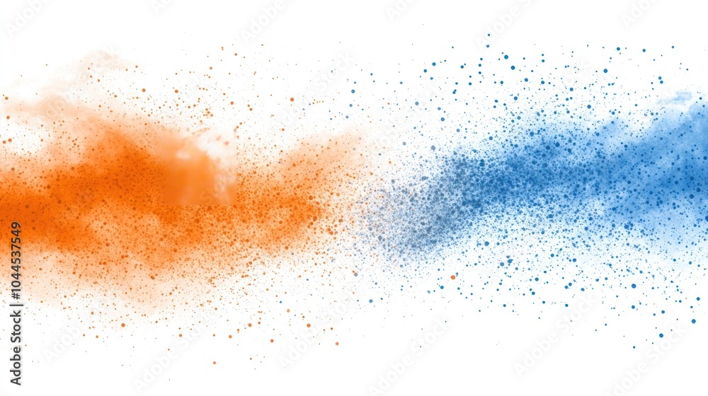 Abstract representation of orange and blue powder dispersing, creating a dynamic visual effect. Abstract representation of orange and blue powder dispersing, creating a dynamic visual effect.