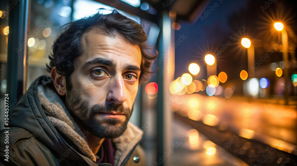 Man standing at a bus stop in a city at night. Man standing at a bus stop in a city at night.