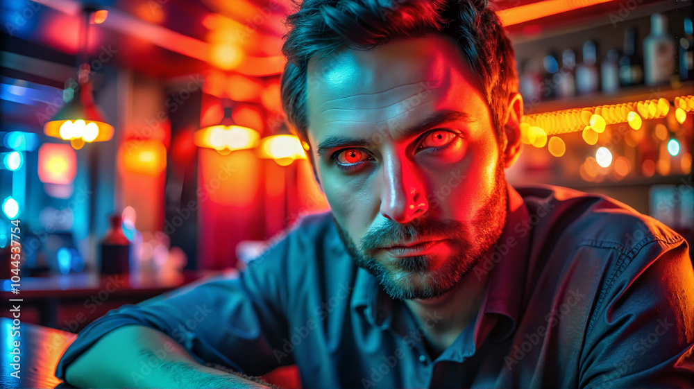 Man with intense look in moody neon bar lighting Man with intense look in moody neon bar lighting