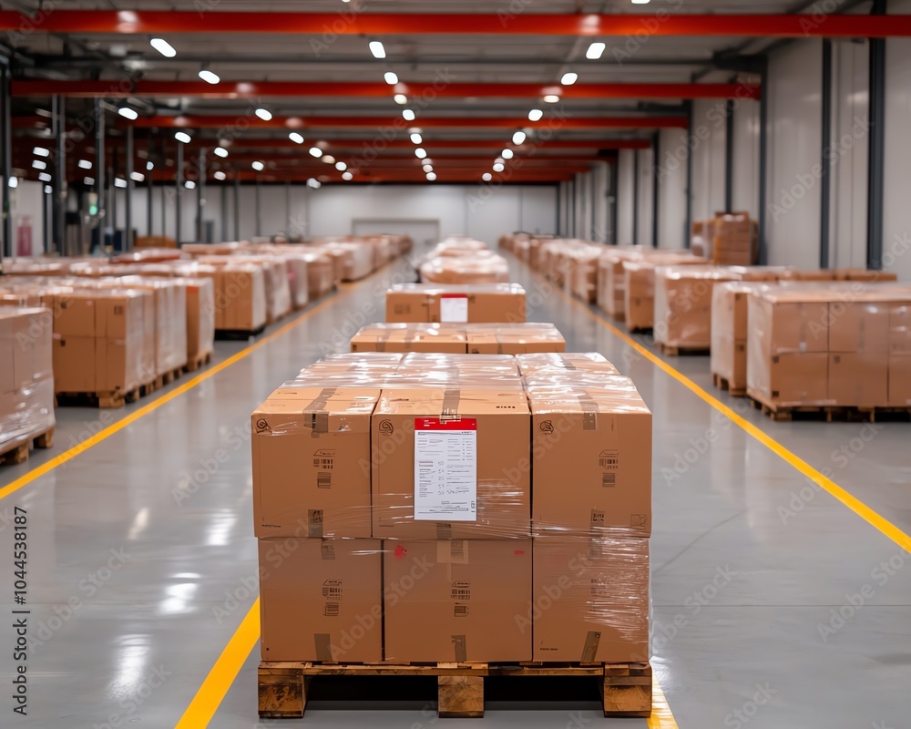 A spacious warehouse filled with neatly stacked cardboard boxes on pallets, organized for efficient storage and distribution. A spacious warehouse filled with neatly stacked cardboard boxes on pallets, organized for efficient storage and distribution.