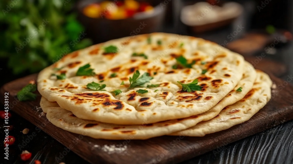 Fresh Eastern Flatbreads on Rustic Wooden Background Fresh Eastern Flatbreads on Rustic Wooden Background