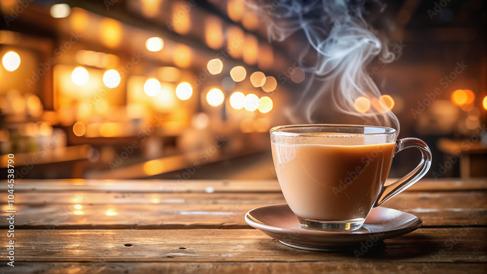 custom made wallpaper toronto digitalSteaming cup of coffee on rustic wooden table in cozy café.