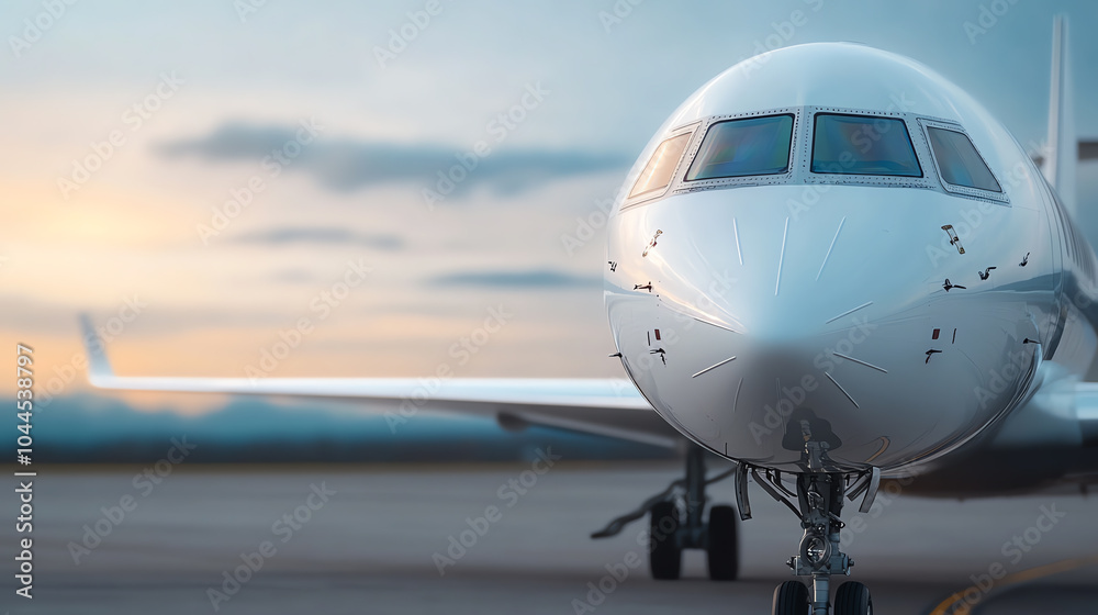 A sleek, modern private jet parked on the tarmac, showcasing its elegant design against a soft sunset backdrop.