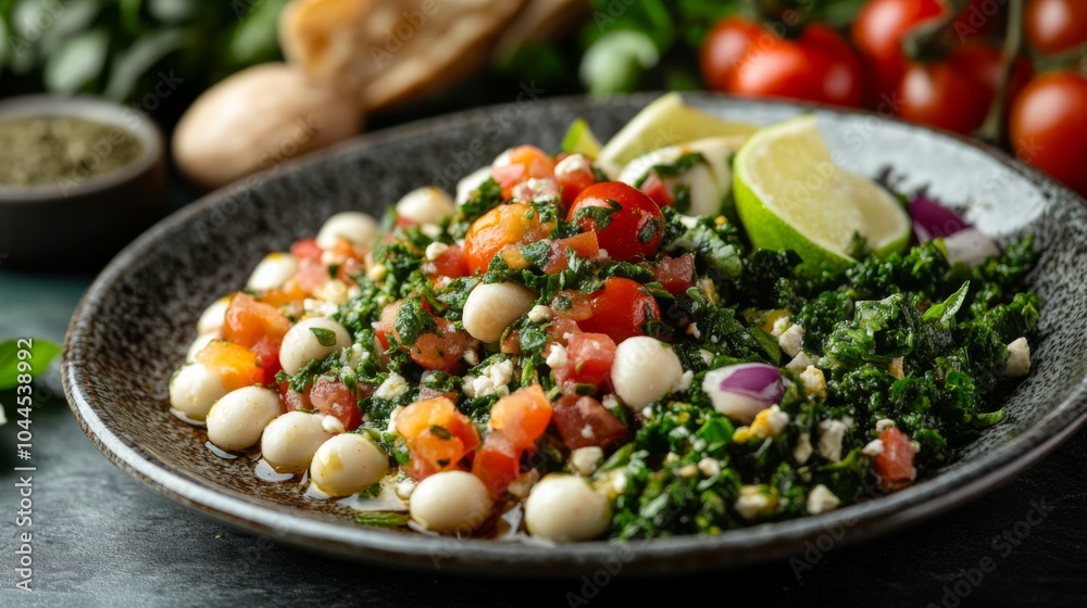 Fresh Eastern Plating with Vibrant Ingredients and Contrast Fresh Eastern Plating with Vibrant Ingredients and Contrast