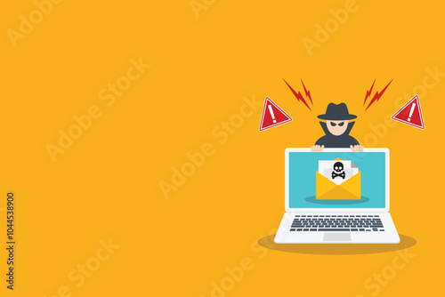 Hacker, Cyber criminal with laptop stealing user personal data. Hacker attack and web security. Internet phishing and spam concept. Hacker in black with laptop trying to cyber attack.	