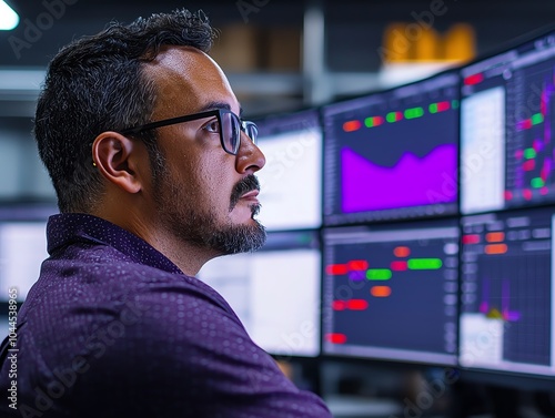 A focused professional analyzing financial data on multiple screens, highlighting trends and insights in a modern trading environment.