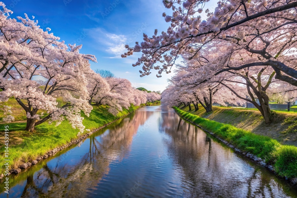 Serene riverbank with cherry blossoms in spring Serene riverbank with cherry blossoms in spring